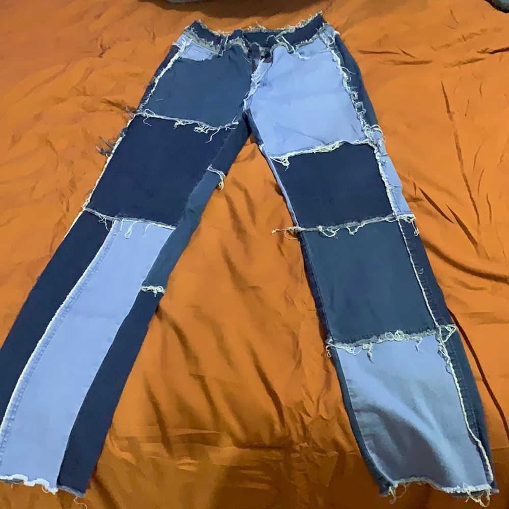 color block jeans high waisted straight leg stretch patchwork